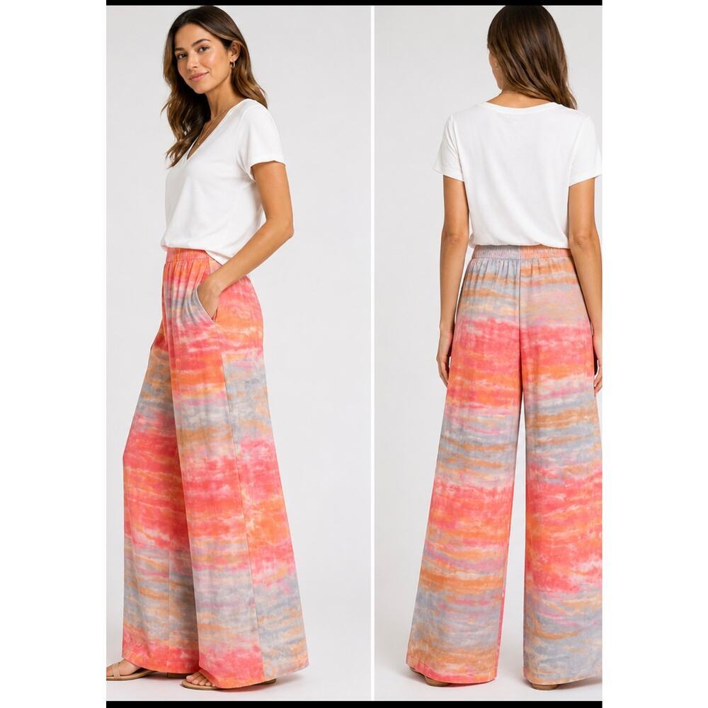 Young Fabulous & Broke Tie Dye Wide Leg Pants Orange Pink Boho Lounge Small